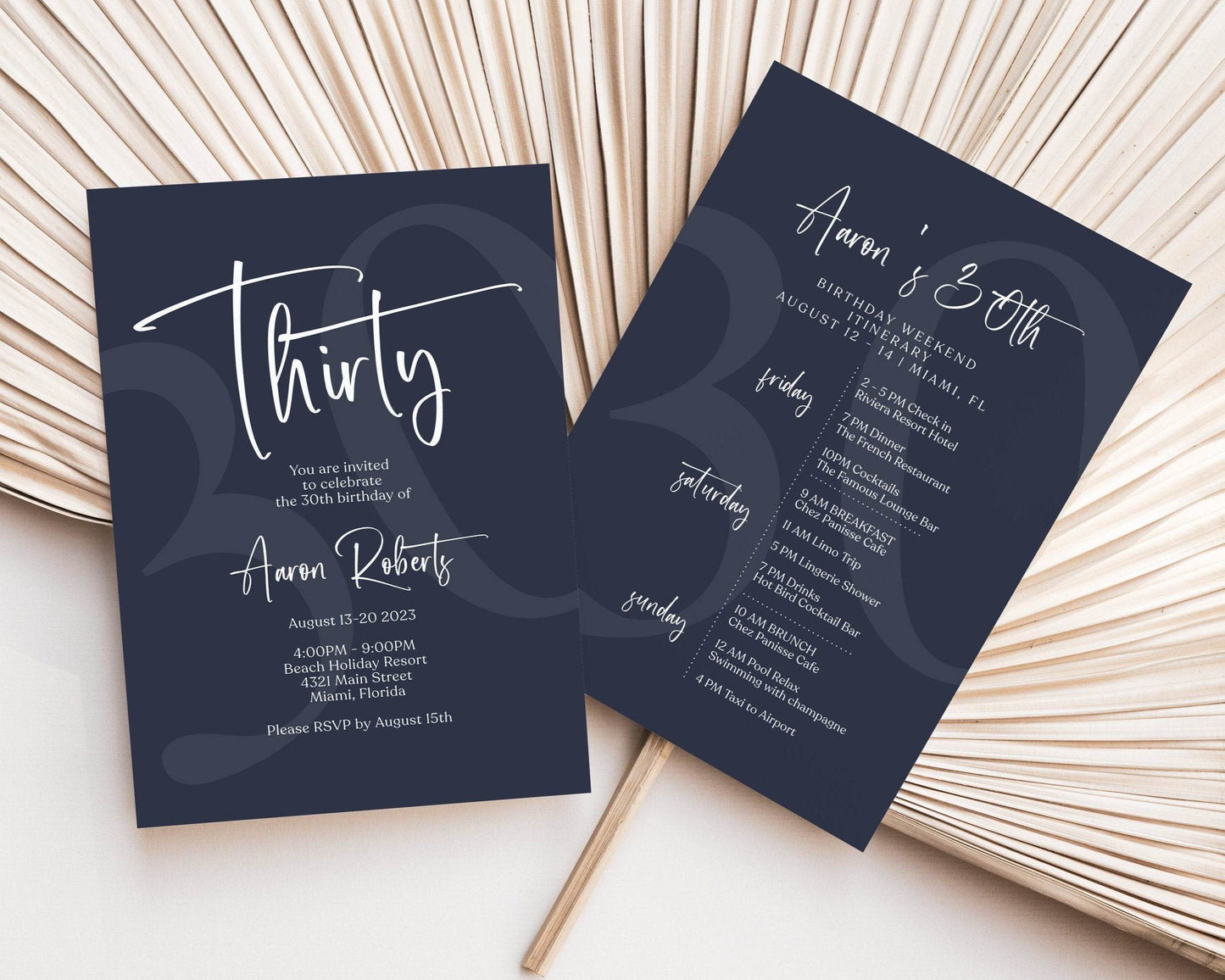 Simple Navy 30th Birthday Weekend Itinerary Template – Editable Printable Weekend Events Schedule | Minimalist 30th Birthday Invite | Instant Download