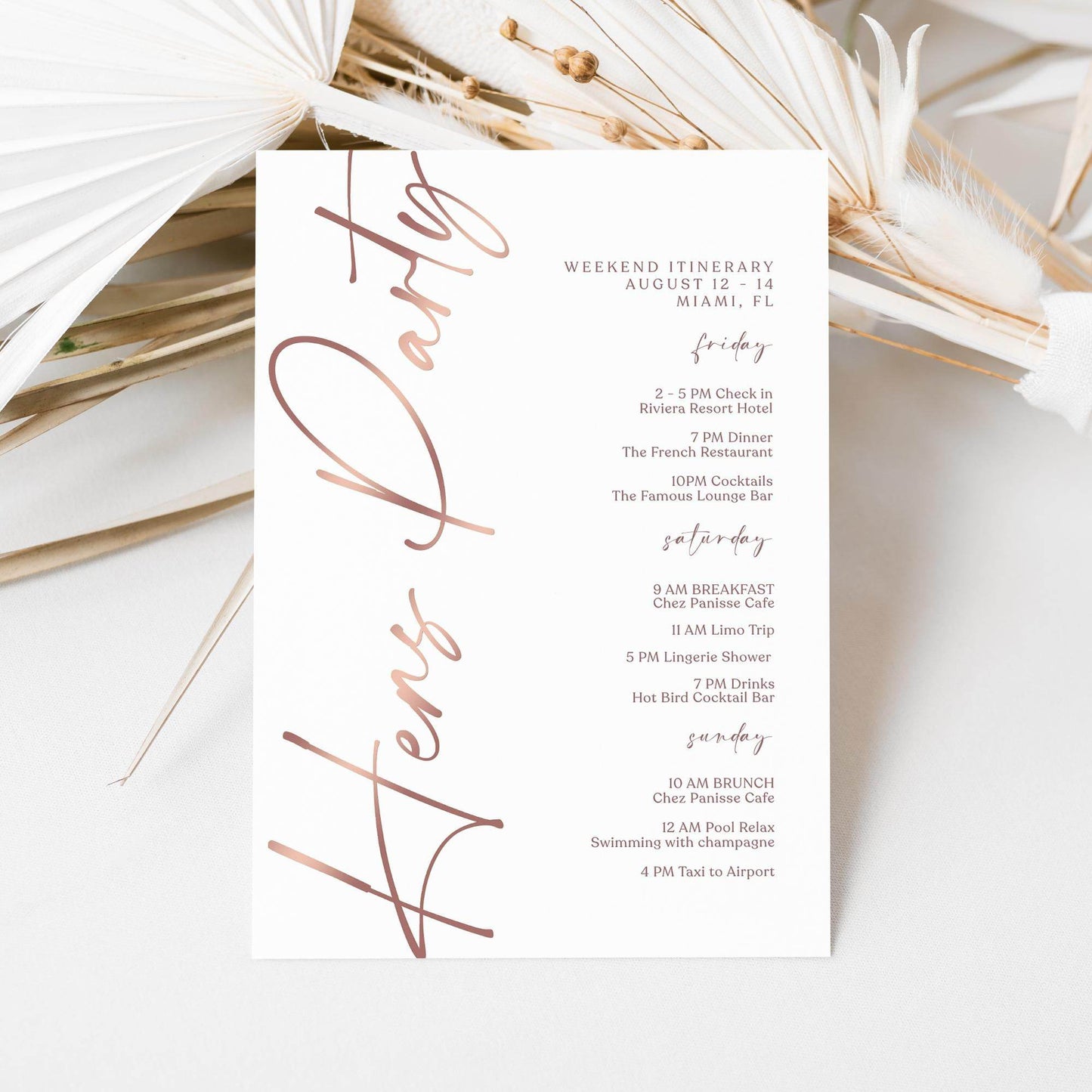 Editable Rose Gold Hens Party Weekend Itinerary Template – Printable Bachelorette Weekend Details Card | Digital Itinerary | Instant Download