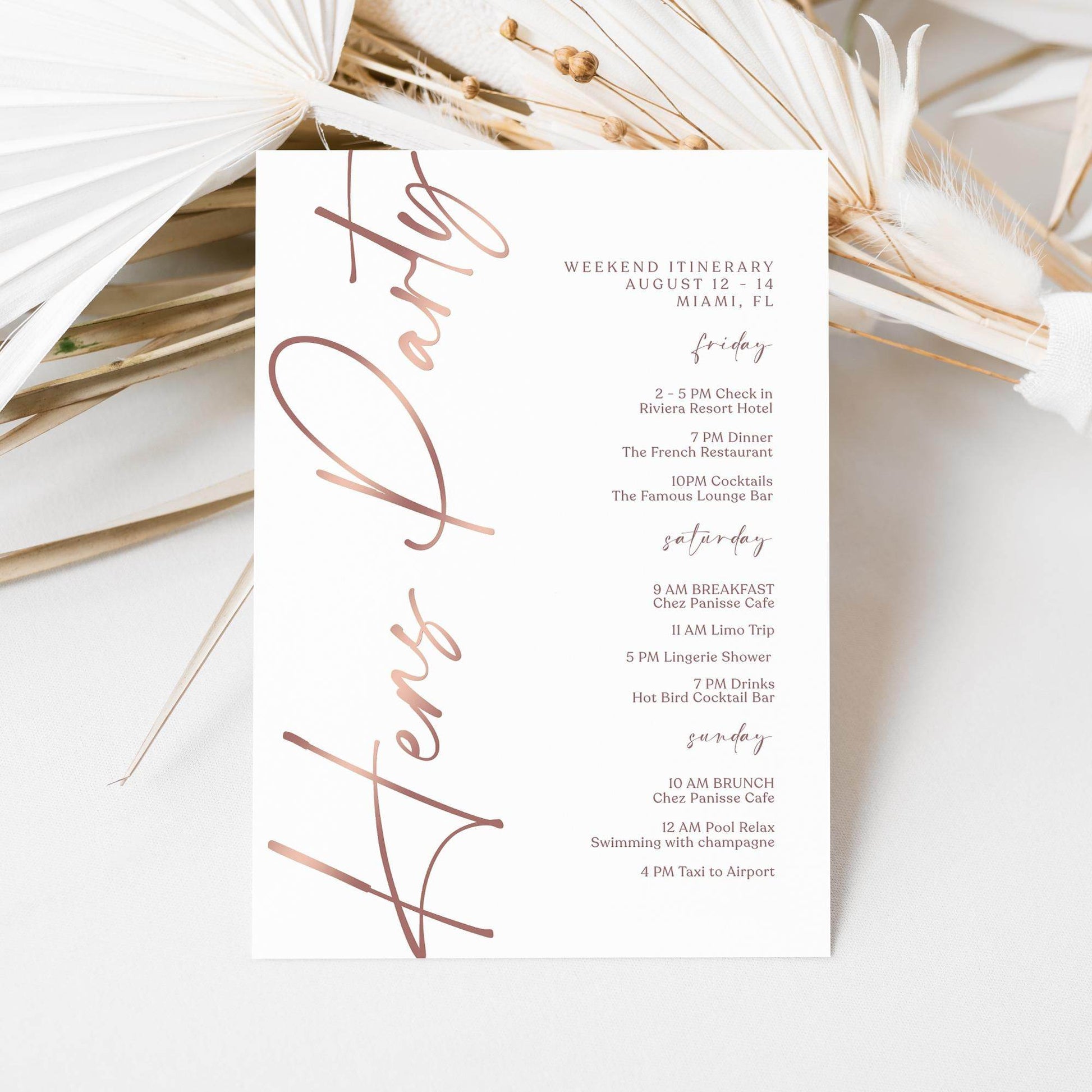 Editable Rose Gold Hens Party Weekend Itinerary Template – Printable Bachelorette Weekend Details Card | Digital Itinerary | Instant Download