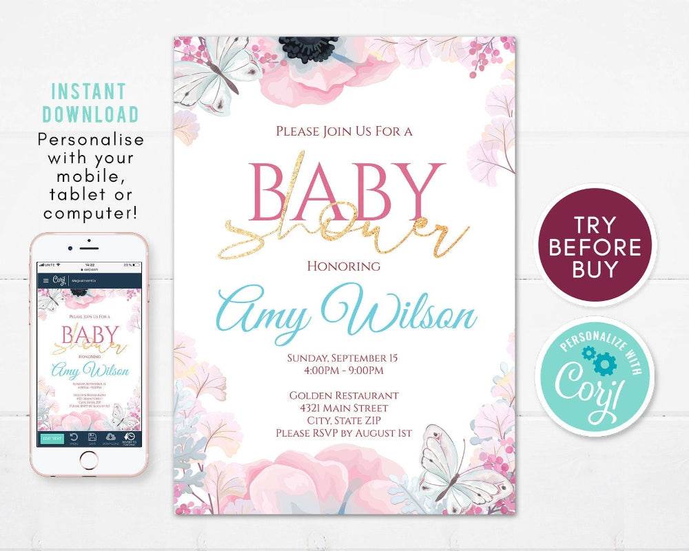 Butterfly Girl Baby Shower Invitation – Editable Pink Lilac Template – Baby Shower Invite for Girls – Instant Download – Printable & Digital