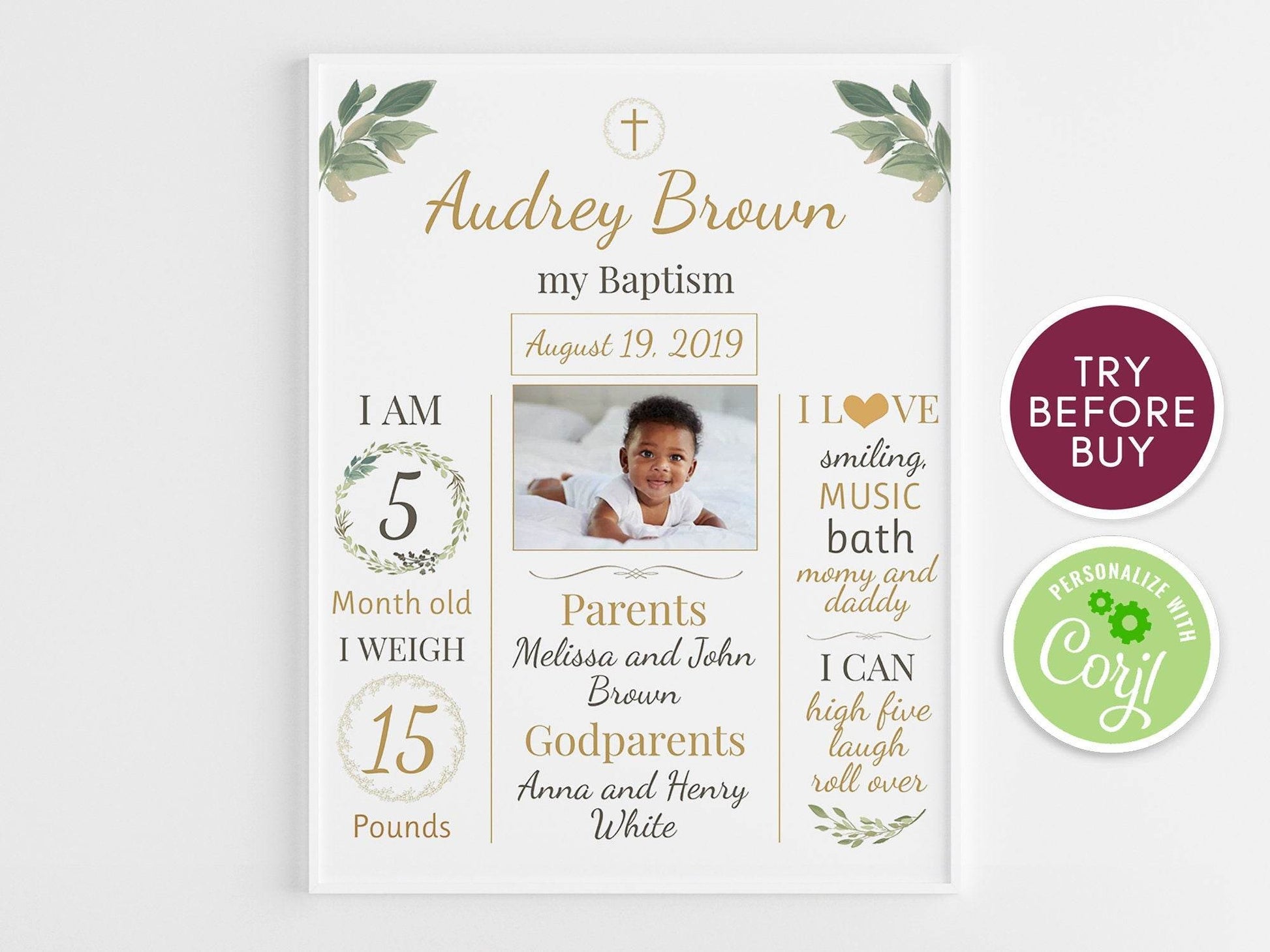 Baptism Milestone Sign with Photo, Greenery Baptism Chalkboard, Gold Baptism Decorations, Printable Baptism Poster for Girl or Boy, Editable Template