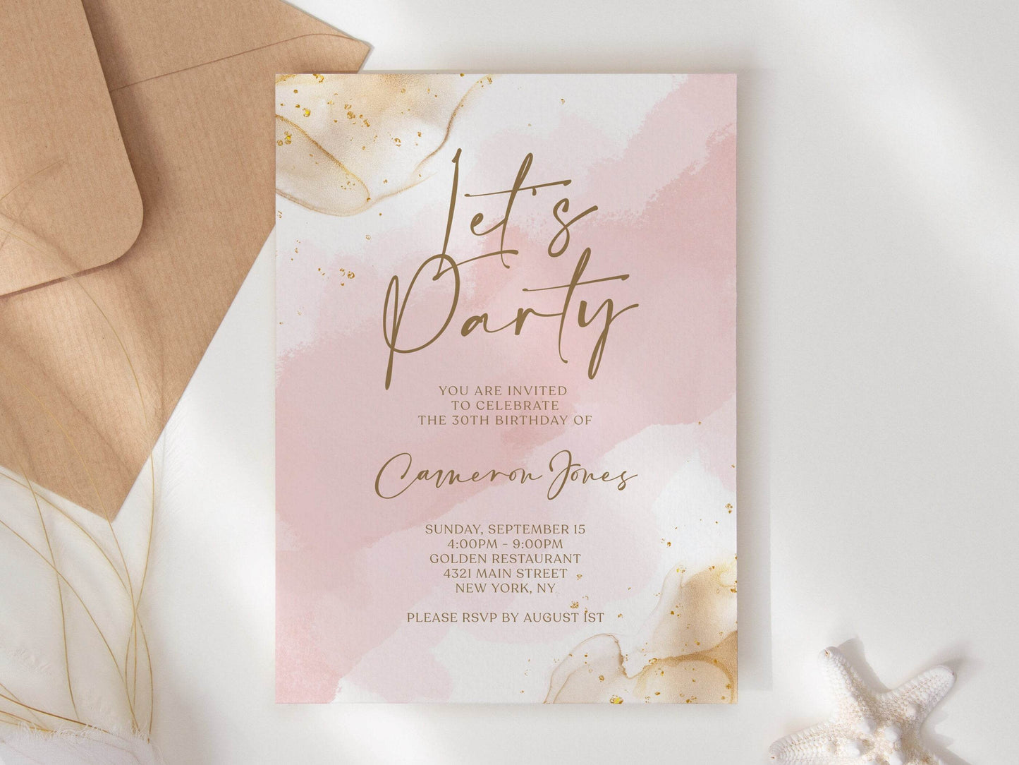 Blush Pink Gold Invitation Template, Editable Let’s Party Digital Invite for Birthday, Baby Shower, or Bridal Shower, Instant Download