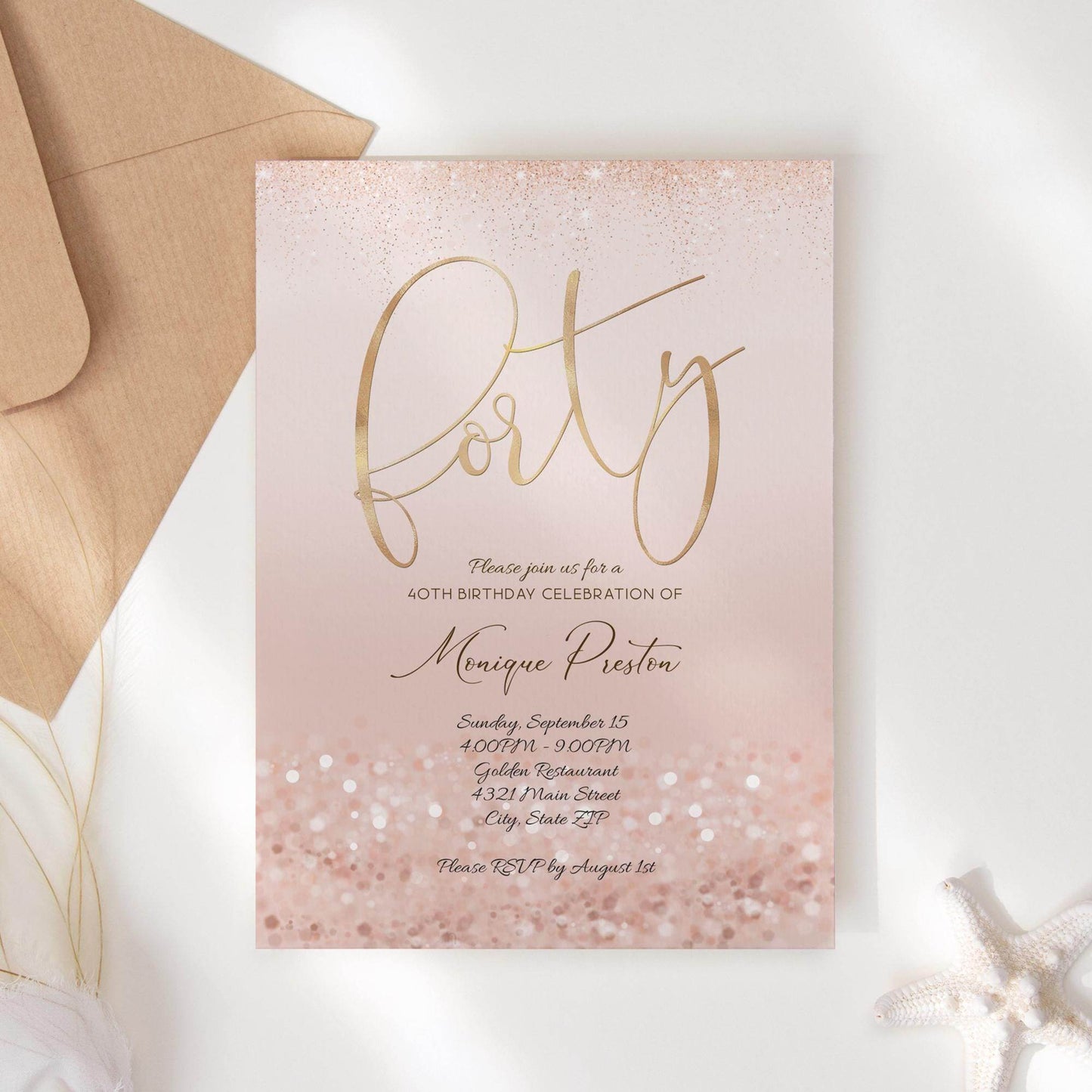 Rose Gold 40th Birthday Invitation Template, Editable Ladies Surprise Party Invite, Printable Pink Evite, Digital Text Message Download