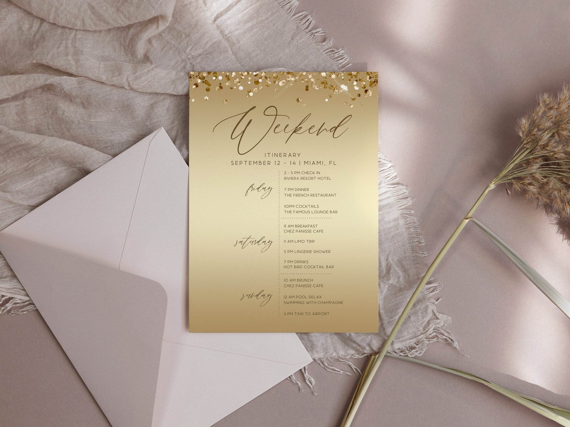 Printable Luxury Gold Weekend Itinerary Template, Editable Hens Party Weekend Itinerary, Bachelorette, DIY Modern Birthday Weekend Itinerary