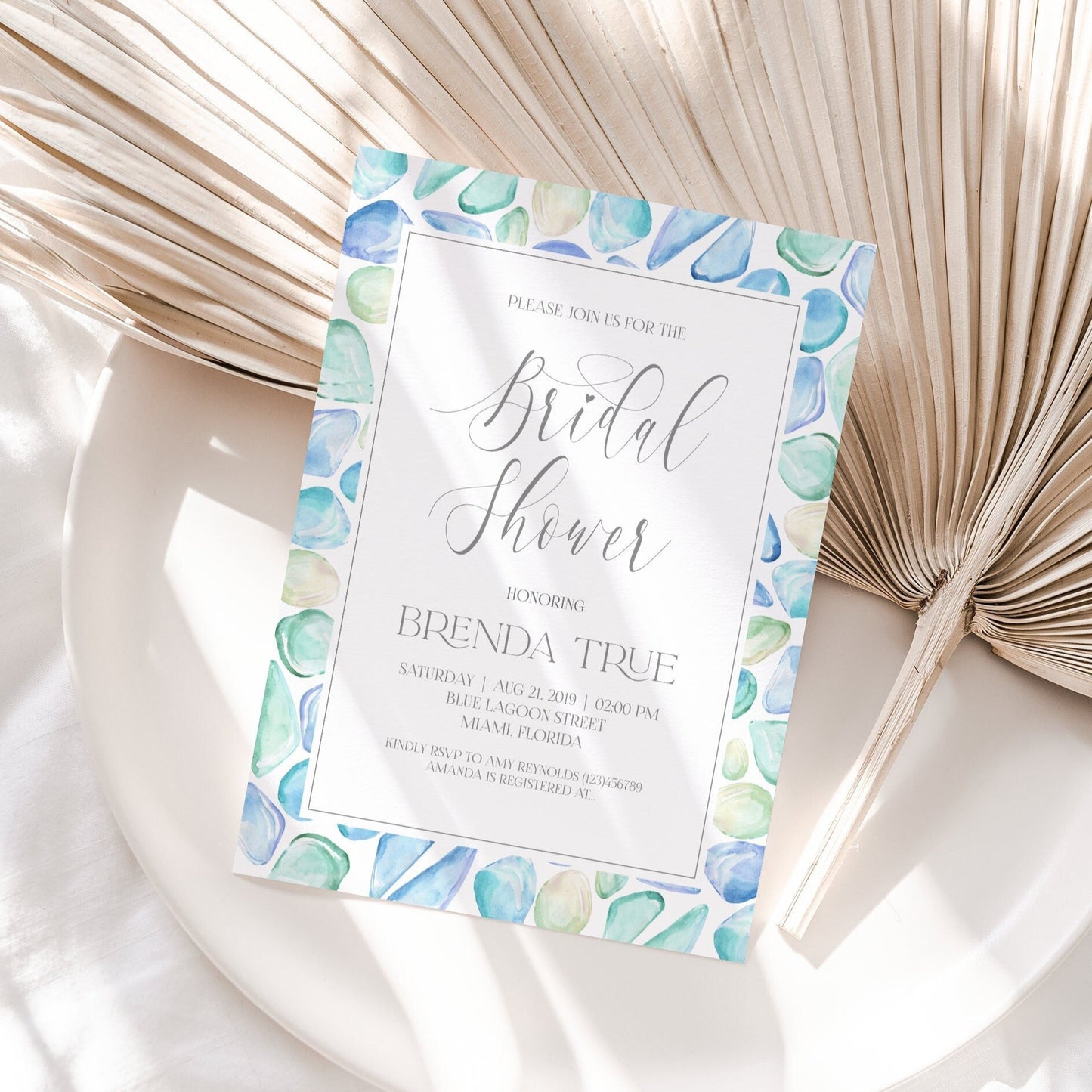 Printable Sea Glass Bridal Shower invitation, Beach Bridal Shower Invite, Editable Invitation Template, Email Text Message, Bridal Shower