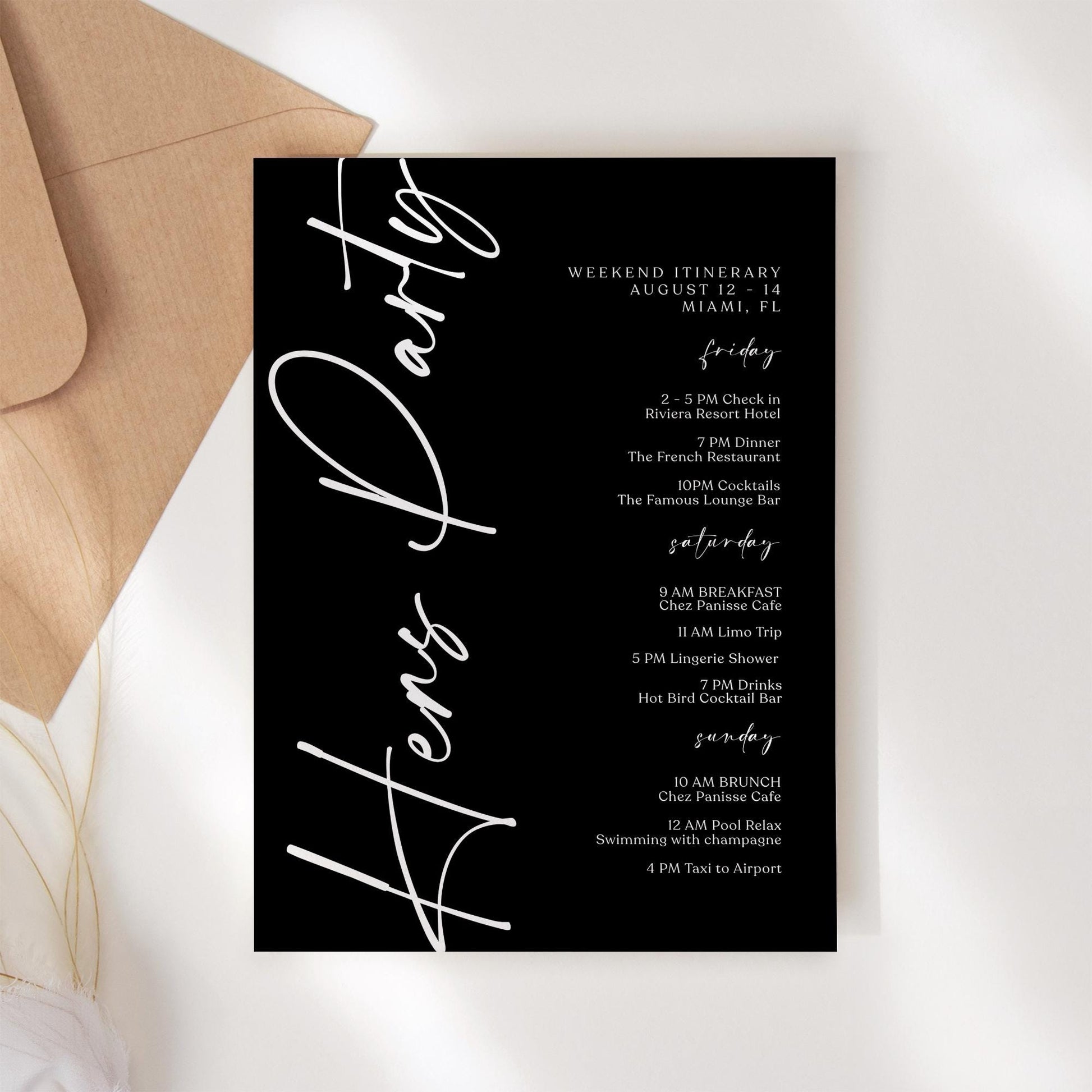 Printable Black Hens Party Weekend Itinerary Template – Editable Minimalist Bachelorette Weekend Schedule – Hen Party Events Itinerary – Instant Download