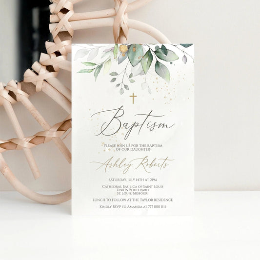 Greenery Watercolor Baptism Invitation, Gold Baptism Invitation, Boy Girl Baptism Invitation, Greenery Baptism Template, Editable Invite DIY