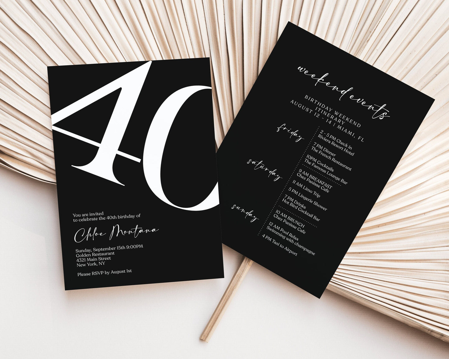 Simple Black 40th Forty Birthday Weekend Itinerary Template, Printable Birthday Weekend Invitation, Editable Birthday Weekend Itinerary