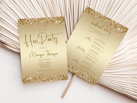 Gold Hen Weekend Itinerary Invitation Template, Printable Hen Party Invitation, Editable Gold Confetti Hen Weekend Itinerary, Modern Invite
