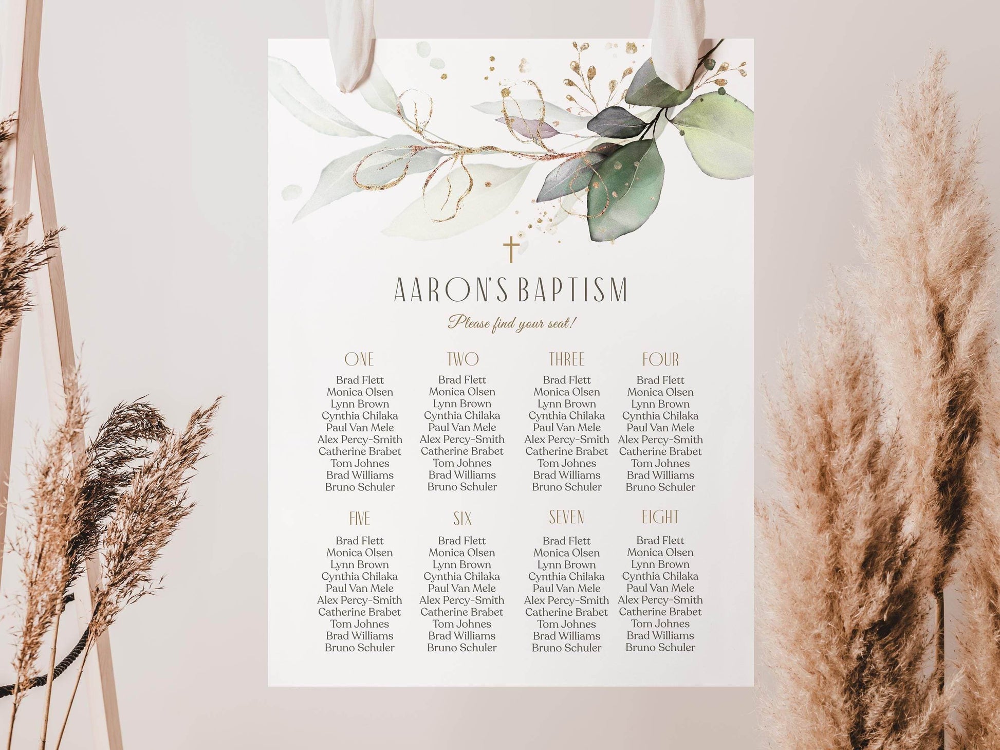 Editable Baptism Seating Chart Template – Elegant Greenery Eucalyptus Seating Plan | Printable Christening Table Sign for Boy or Girl | Instant Download