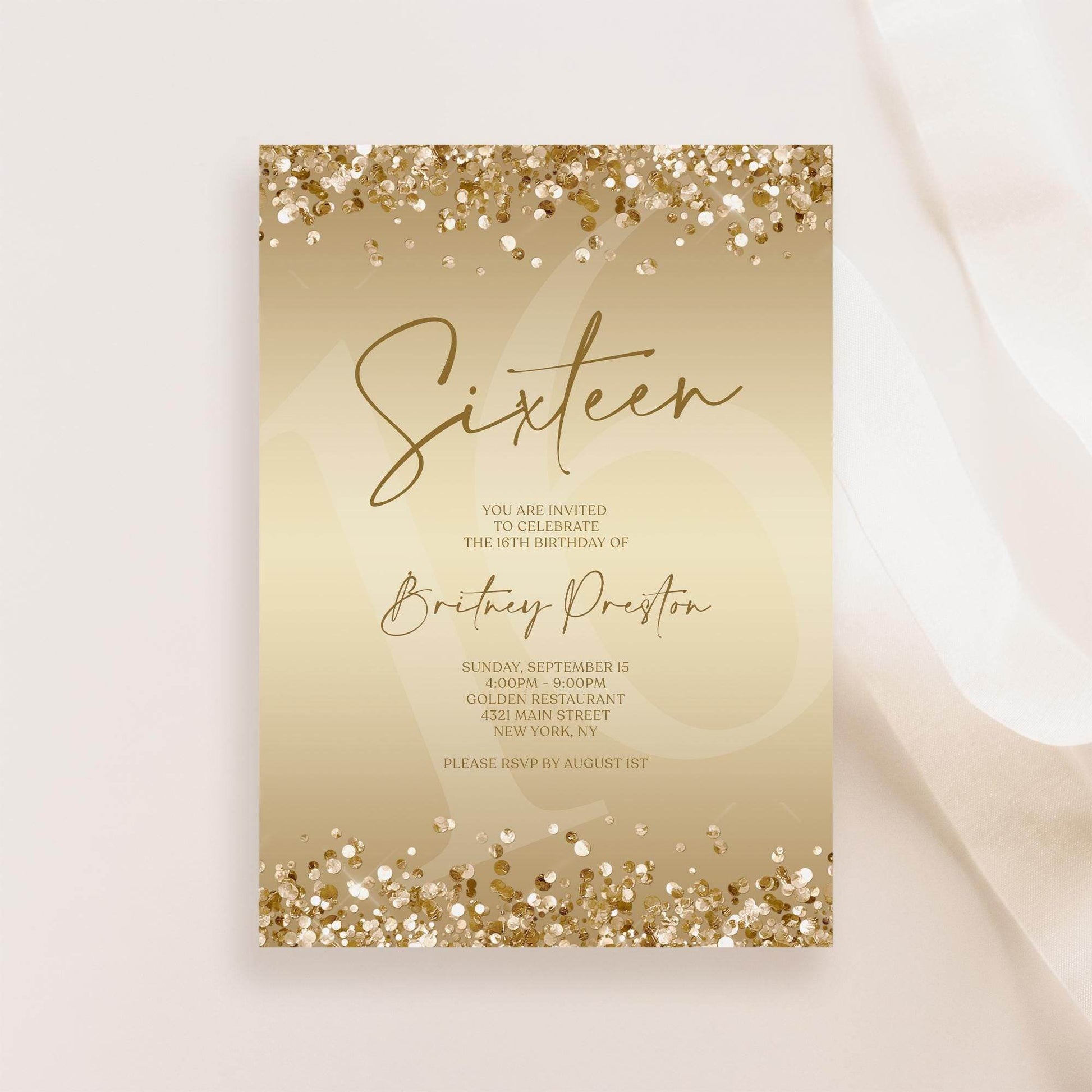 Gold 16th Birthday Invitation Template, Editable Digital Sweet Sixteen Party Invite, Confetti Text Message Evite, Instant Download DIY