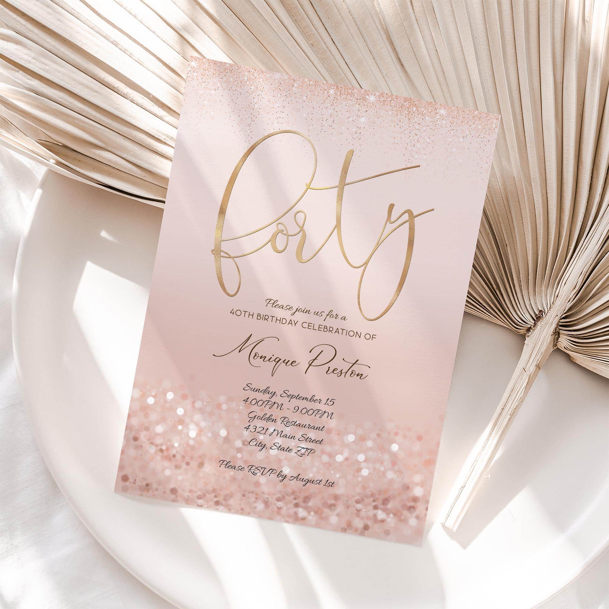 Rose Gold 40th Birthday Invitation Template, Editable Ladies Surprise Party Invite, Printable Pink Evite, Digital Text Message Download