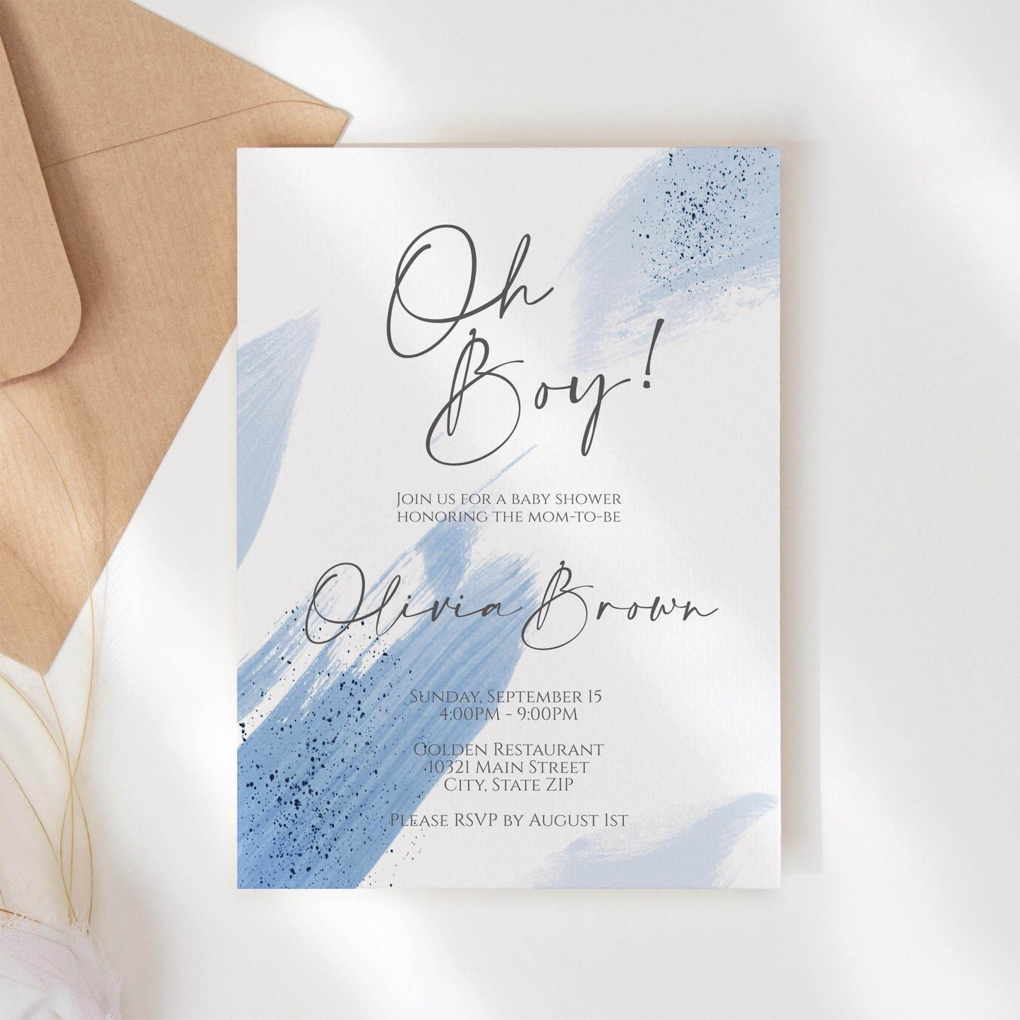 Oh Boy Baby Shower Invitation Template – Printable Blue Watercolor Baby Shower Invite | Editable Boy Baby Shower Template | Instant Download