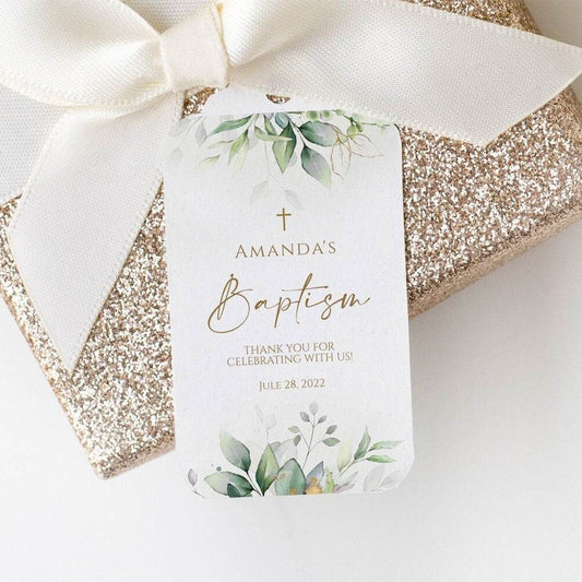 Greenery Baptism Thank You Favor Tag – Editable Eucalyptus & Gold Foil Communion Tag | Boho Printable Template for Boy or Girl | Instant Download