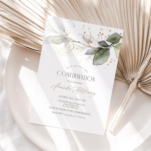 Confirmation Invitation Template | Printable Greenery Eucalyptus Invite | Editable Baptism or Confirmation Card | Instant Download