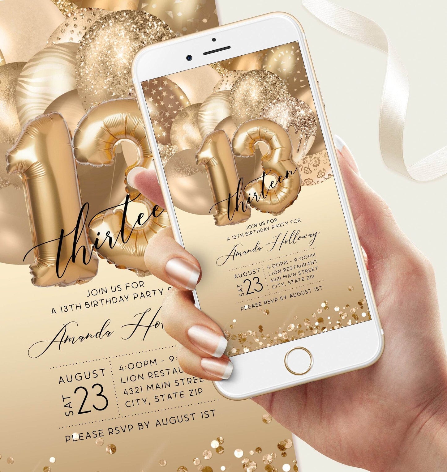 13th Birthday Electronic Invitation – Gold Balloons Mobile Evite – Editable Text Message Invite – DIY Digital Template