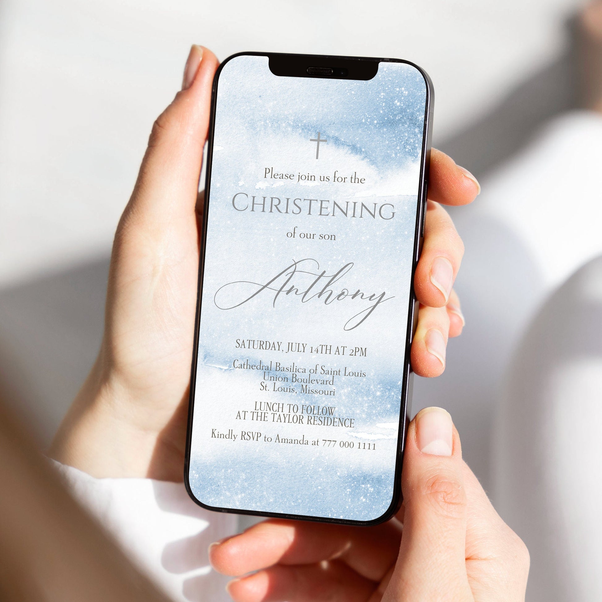 Digital Boy Christening Invitation, Electronic Christening Invite Template, Blue Watercolor, Text Message Evite, Editable Email Text Message