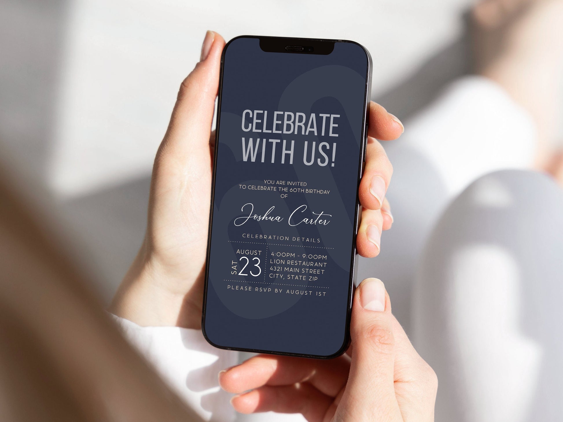 Minimal Navy Mens Birthday Invite, Custom Digital Mobile Text Message, Editable Text Invitation Template, DIY Electronic 60th Birthday Evite
