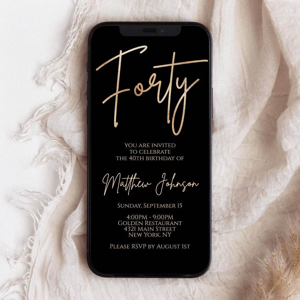 Black 40th Birthday Digital Invitation Template - Editable Text Message Evite - 40th Electronic Phone Invite - Minimalist Birthday E-Invite - Instant Download