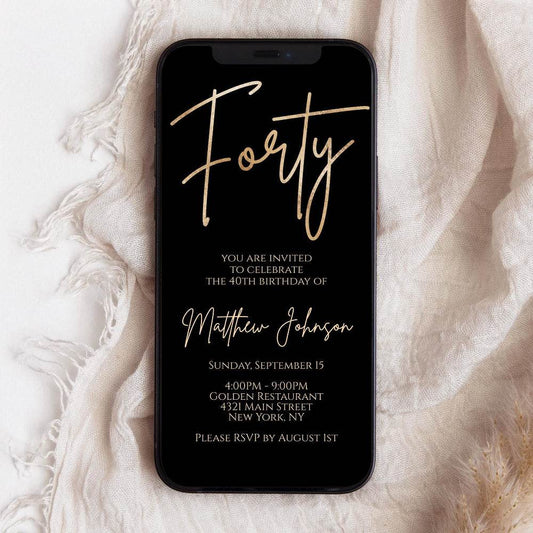 Black 40th Birthday Digital Invitation Template - Editable Text Message Evite - 40th Electronic Phone Invite - Minimalist Birthday E-Invite - Instant Download