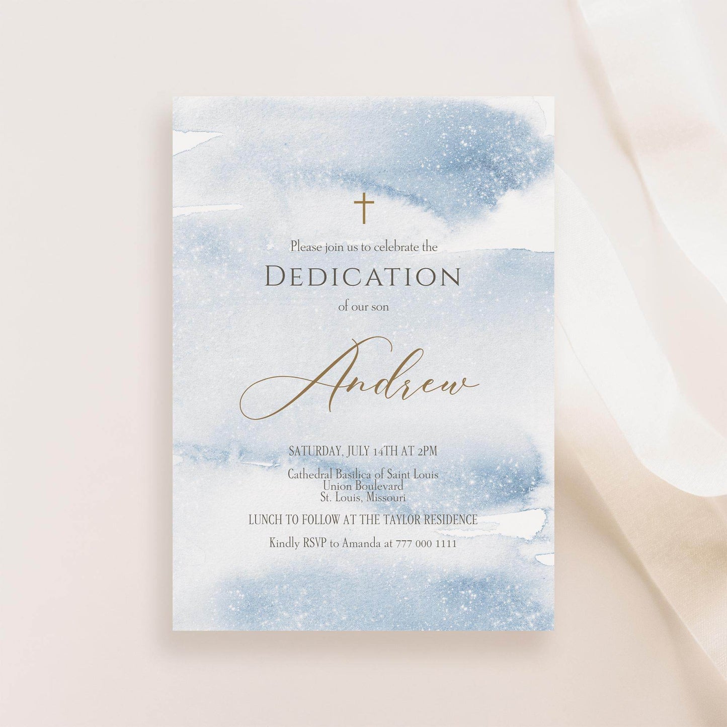 Boy Dedication Invitation Template, Printable Blue Gold Watercolor Invite, Editable Baptism Evite, Digital Baby Blessing Card, Instant Download