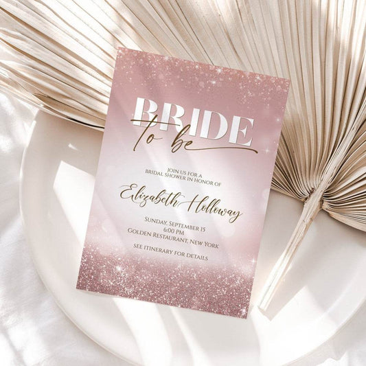 Printable Bride to Be Invitation, Rose Gold Glitter Bridal Shower Invite, Editable Bridal Shower Template, Instant Download