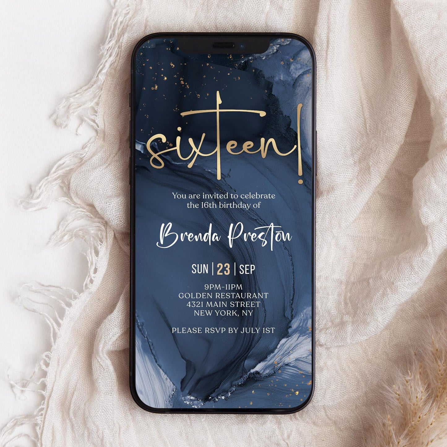 16th Birthday Invitation Template - Digital Download | Blue Navy Gold | Instant Access