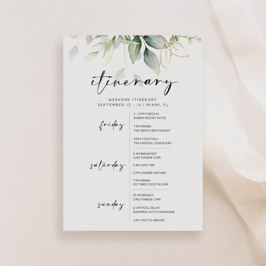 Printable Simple Itinerary Card Template – Editable Hens Party, Bachelorette, Birthday Weekend Itinerary | Modern Leaves Design | Instant Download
