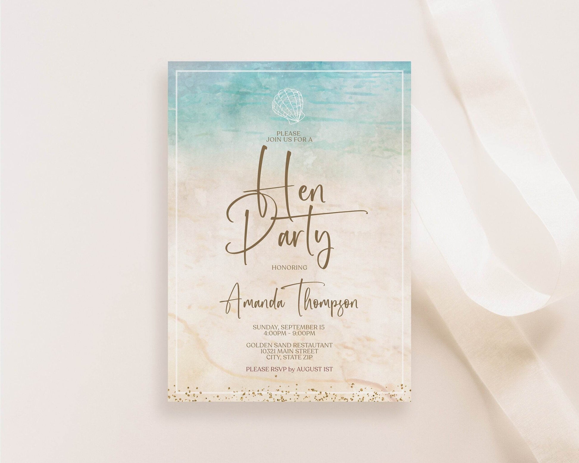Beach Hen Party Invitation Template, Editable Ocean Bridal Shower Invite, Printable Bachelorette Beach Party Invitation, Instant Download