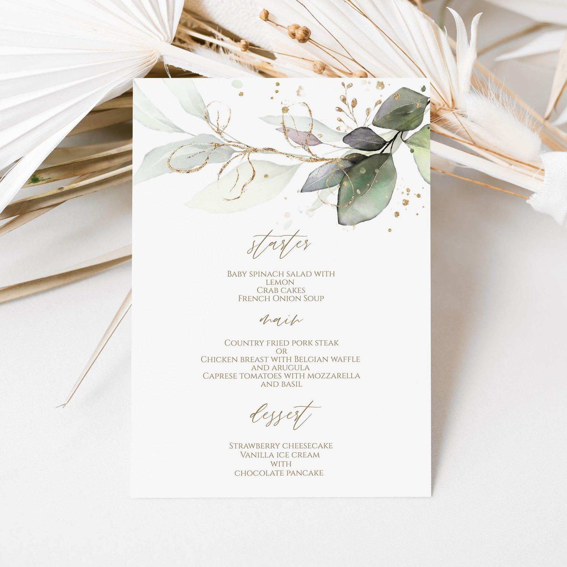 Greenery Watercolor Menu Template – Editable Wedding, Birthday, or Shower Menu Card – Printable Dinner Menu – Instant Download