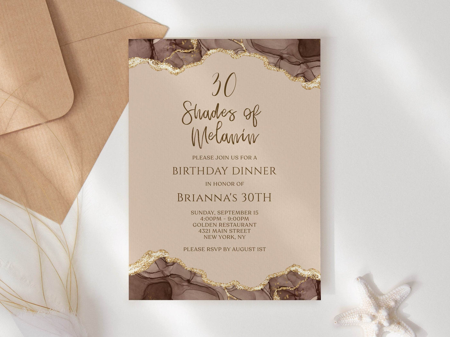 Shades of Melanin Birthday Dinner Invitation, Editable Brown Gold Agate Invite, Printable Digital Evite, Text Message Template