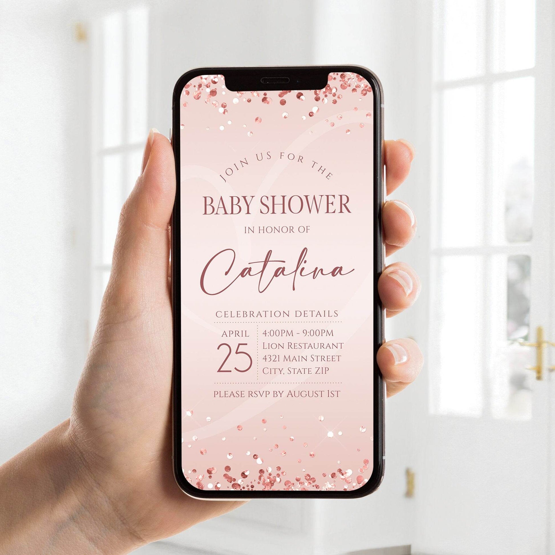 Pink Digital Baby shower Evite Invitation Template, Electronic Rose Gold Baby Shower Invite, Sweet Baby Girl Invite, Editable Text Message