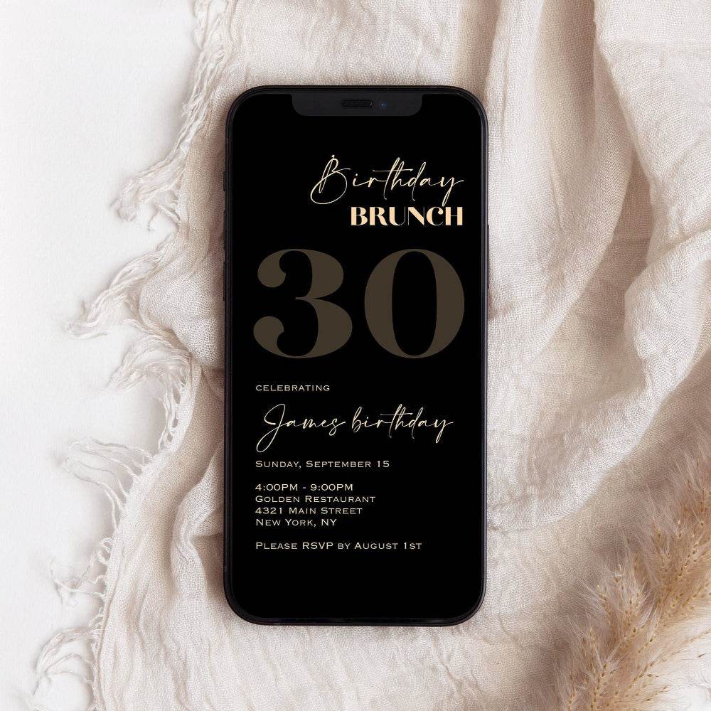 30th Birthday Evite | Black and Gold Design | Paperless Invitation | Thirty Mobile Invite | Instant Download