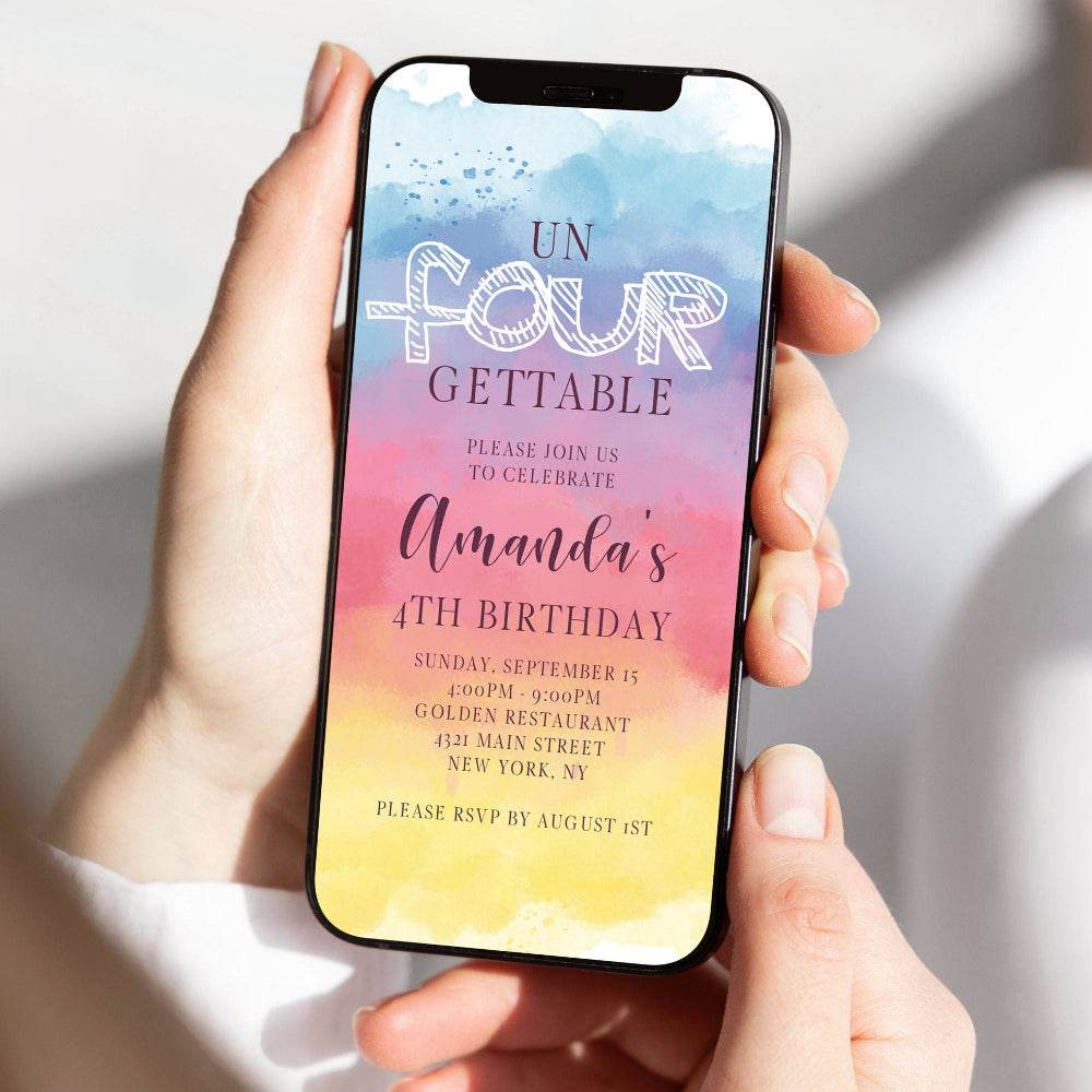 4th Birthday Pastel Rainbow Invitation – Editable Girl's Digital Invite | DIY Electronic Evite | Text Message Party Template | Instant Download