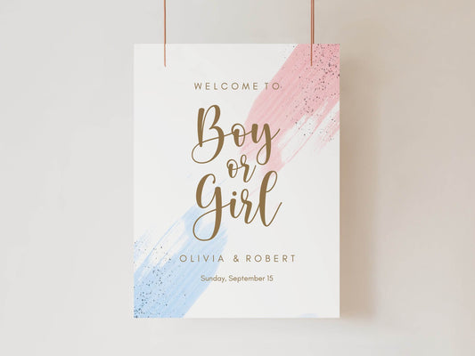 Boy or Girl Gender Reveal Welcome Sign Template | Editable Pink & Blue Watercolor Poster | Digital Gender Party Decor | Custom Printable Sign