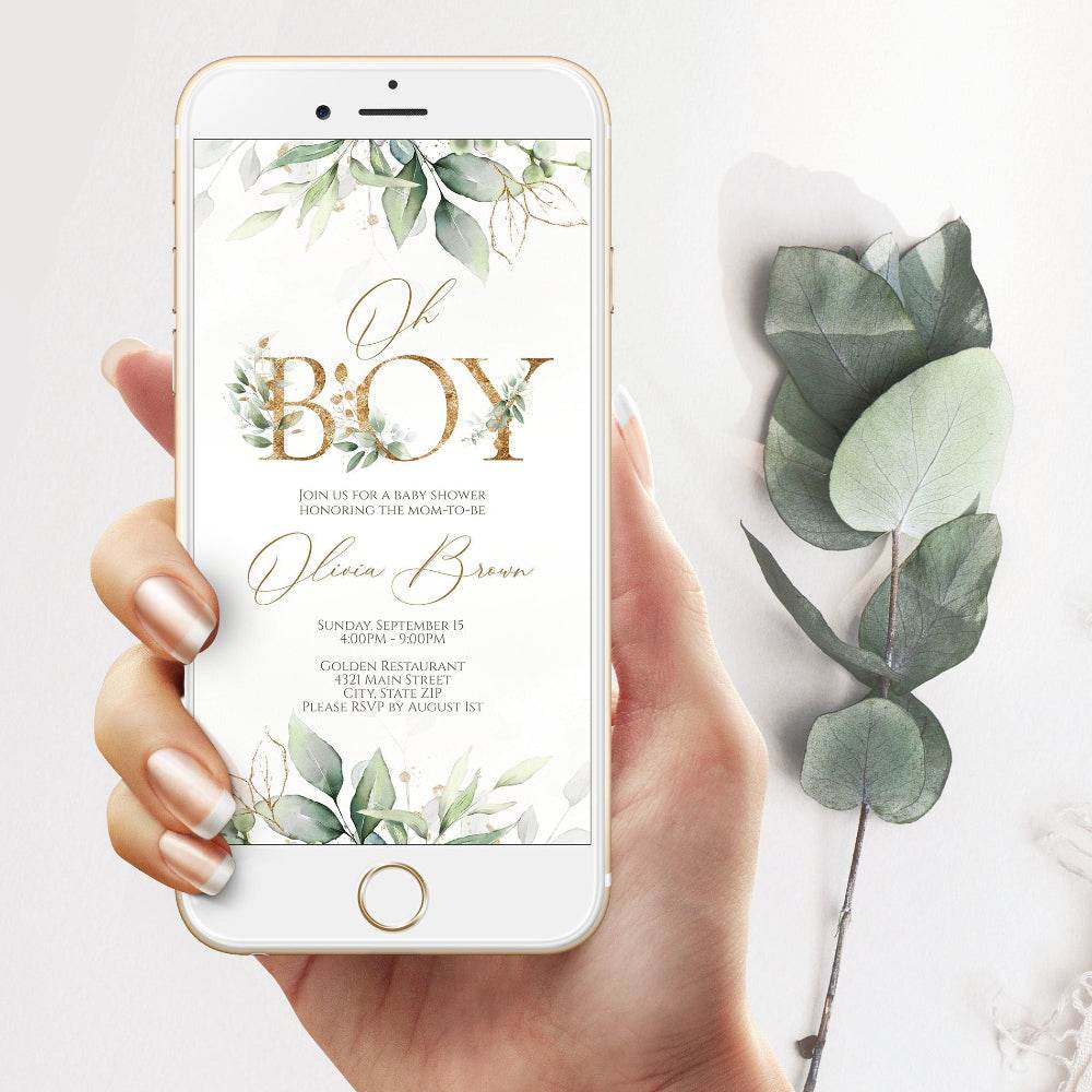 Digital Greenery Oh Boy Baby Shower Invitation Evite, Editable Electronic Smartphone Invite, Text Message Baby Shower Template, Instant Download