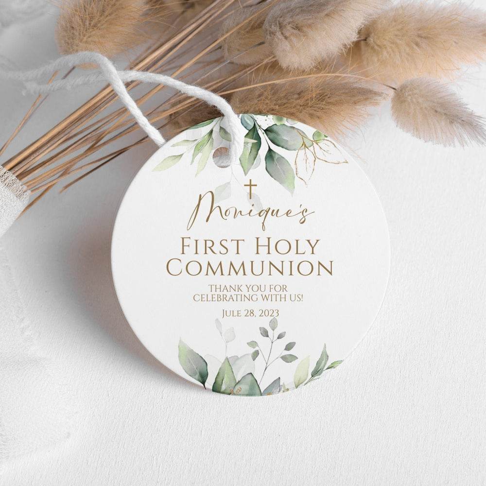 Round First Communion Thank You Tag Template | Eucalyptus & Gold Leaves Favor Tag | Sage Green Boho Baptism Tag for Boy or Girl | Editable