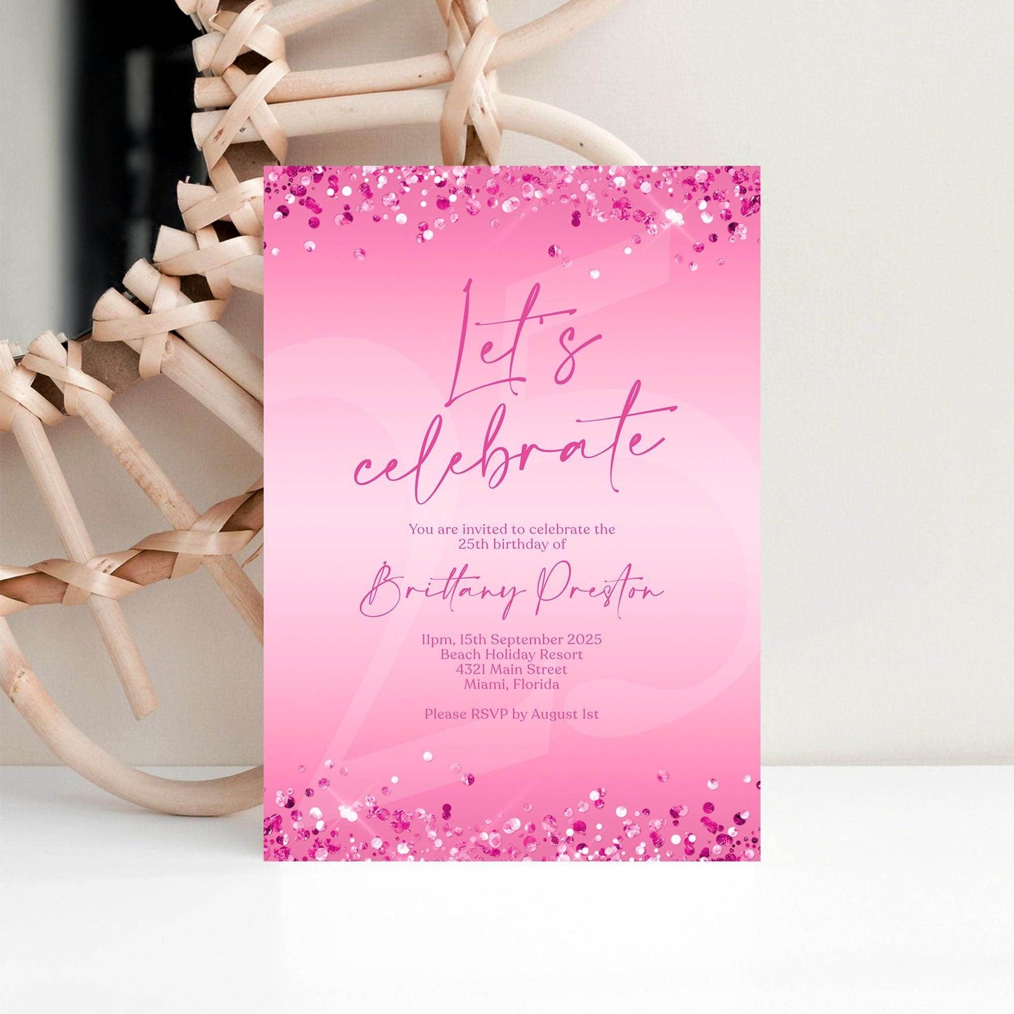 Fuchsia Pink Birthday Invitation Template, Editable Let’s Celebrate Party Evite, Digital Text Message Invite for Women, Any Age, Instant Download