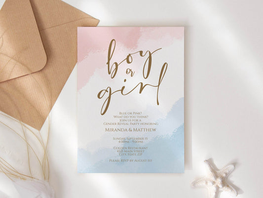 Printable Gender Reveal Invitation Template, He or She Baby Shower Invite, Neutral Pink Blue Watercolor, Editable Download, Boy or Girl