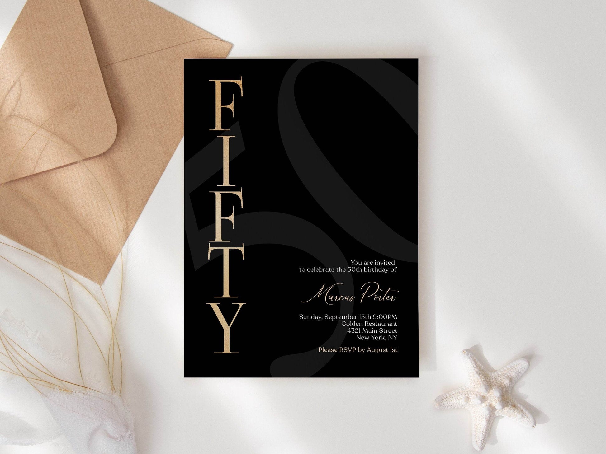 Printable Black 50th Birthday Invitation for Men, Simple Gold & Black Invite, Editable 50th Birthday Text Message Invite, Instant Download