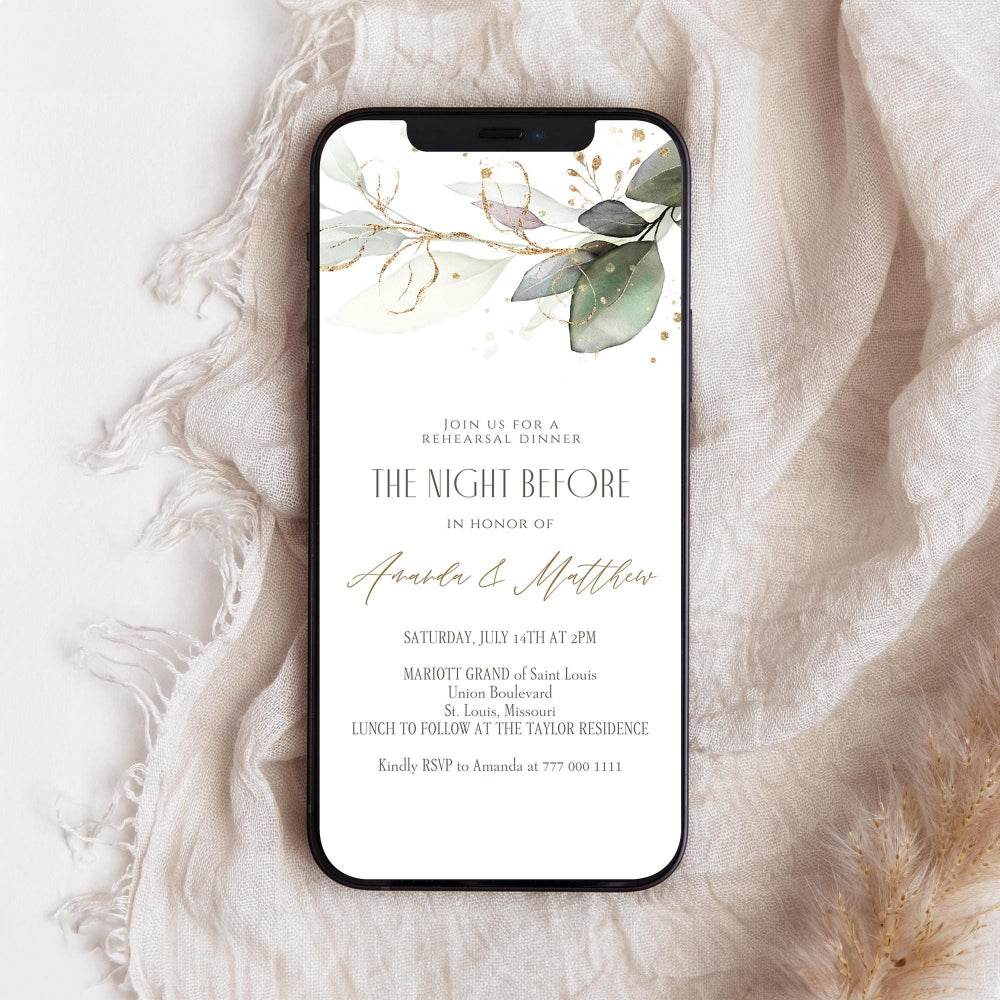 Electronic Night Before Wedding Rehearsal Dinner Invitation | Editable Greenery Mobile Evite | Digital Text Message Invite | Instant Download