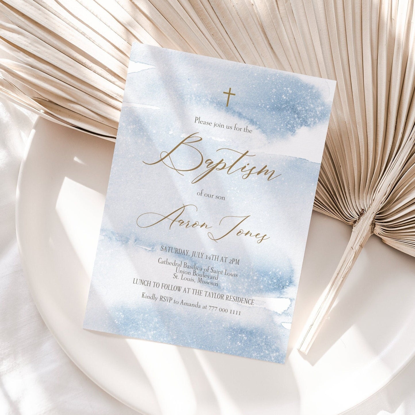 Printable Baptism Boy Invitation, Blue Christening Invitation Template, Blue Watercolor, Boys Blue Gold, DIY Editable Baptism Invitation 5x7