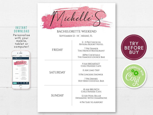 Bachelorette Weekend Itinerary Invitation, Rose Ink Bachelorette Invitation with Itinerary, Girl Party Invite, Editable Event Schedule DIY