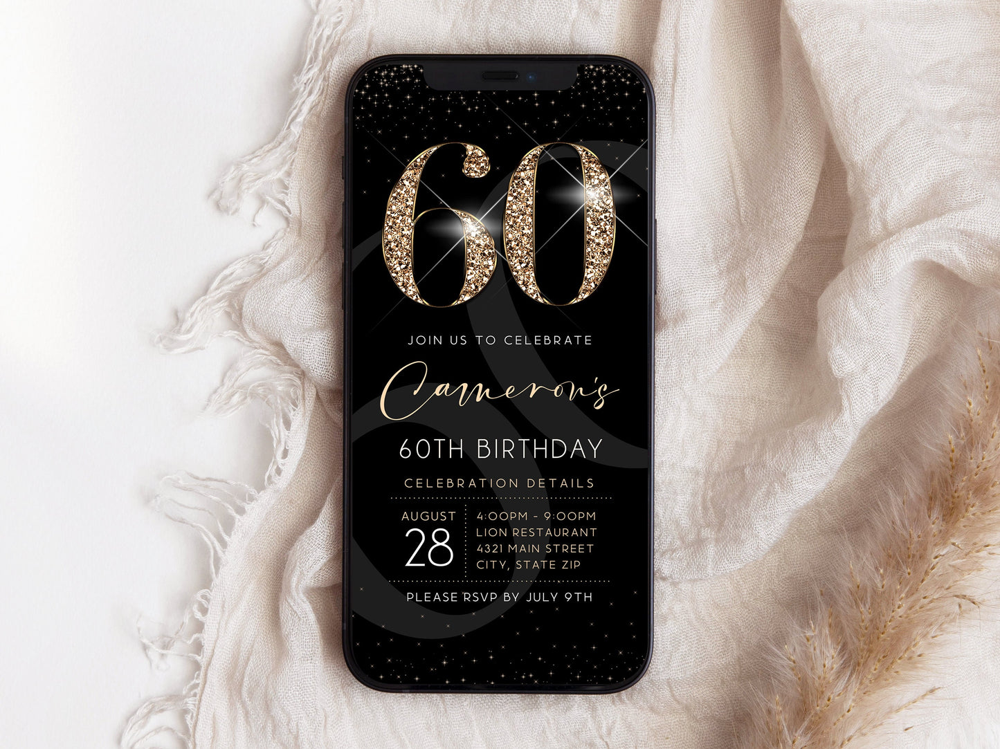 Luxury Digital 60th Sixty Birthday Evite Invitation Template, Electronic Black Gold Modern Invite, Email Text Message Evite, Phone Invite