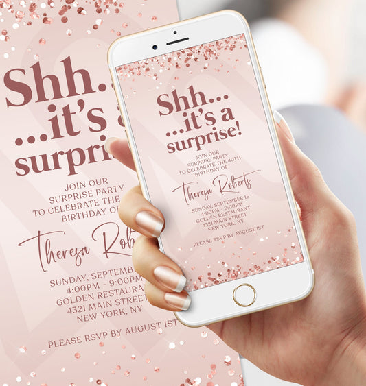 Digital pink "Shhh it’s a surprise" birthday invitation template, Editable 40th birthday text message evite in pink design, Instant download pink surprise birthday party invitation, Customizable pink surprise birthday invitation for any age, Text message birthday invitation for 40th surprise party, Printable pink birthday surprise party invite template, Modern minimalist pink surprise birthday invitation for mobile, Editable digital pink birthday invitation for text or email, Surprise birthday party evite