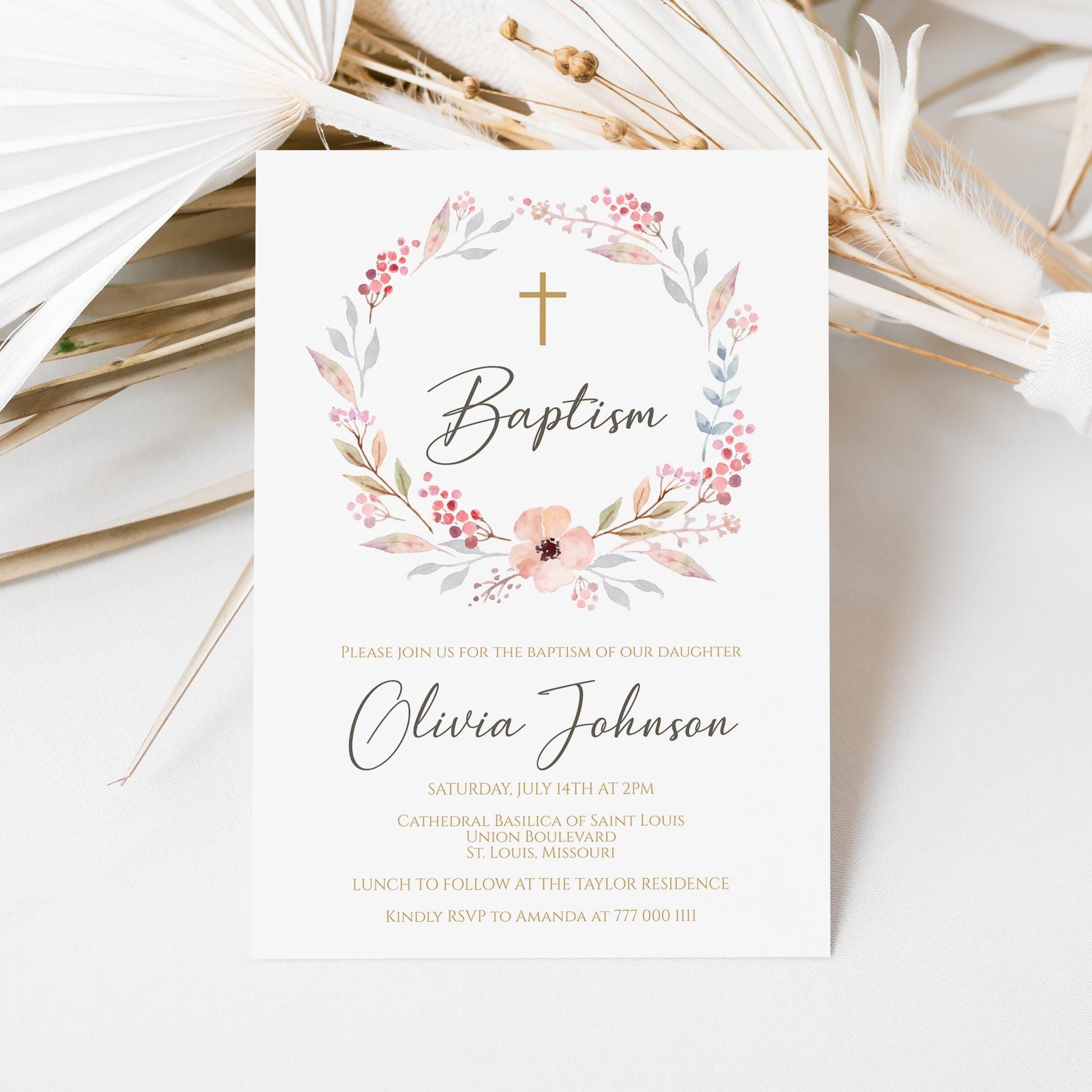 Girl Baptism Invitation Template Editable, Boho Floral Girl Invite Template, Printable Blush Pink Christening Card Invite, Digital Download