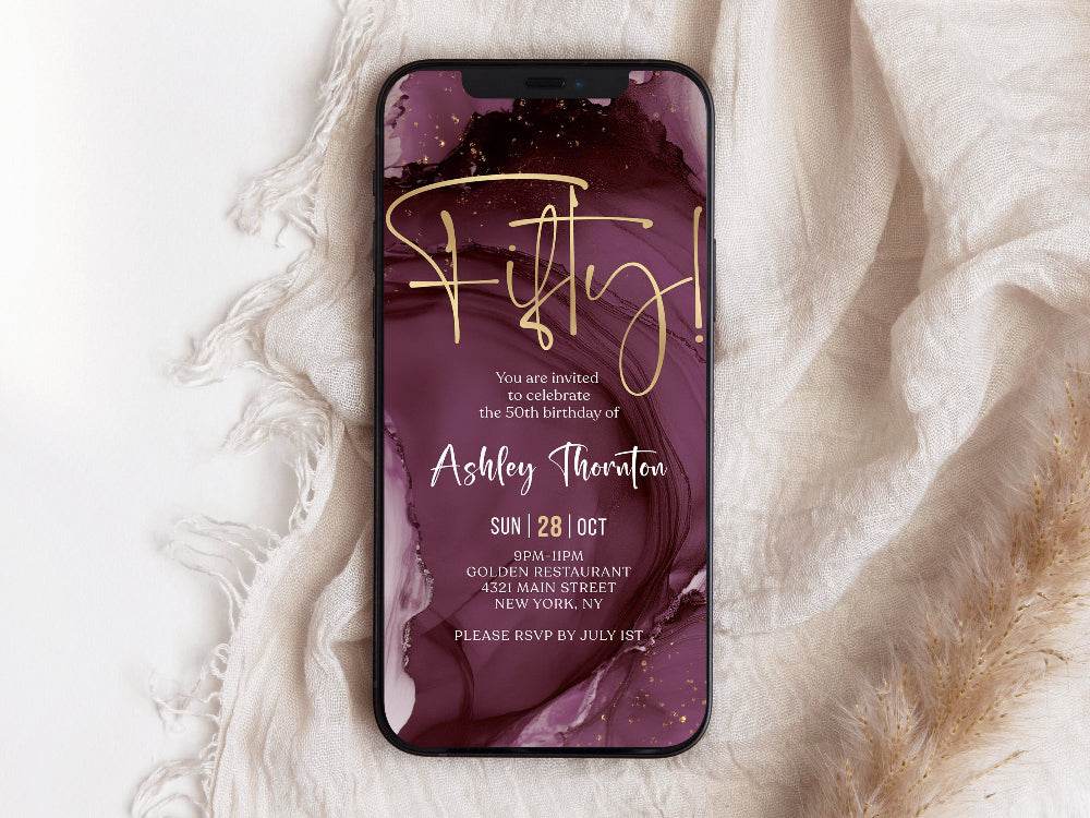 Purple Gold 50th Birthday Invitation Template, Digital Any Gender Electronic Invite, Self-Editable Text Message eCard, Instant Download Evite