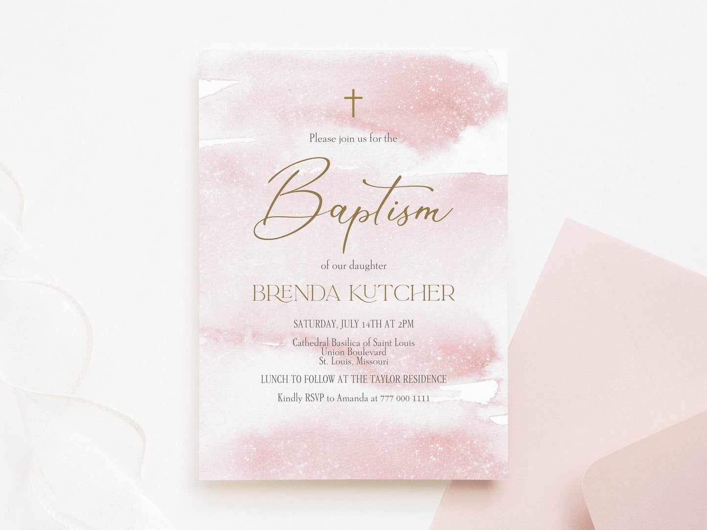 Printable Baptism Girl Invitation, Pink Christening Invitation Template, Pink Watercolor, Rose Gold, DIY Editable Baptism Invitation 5x7