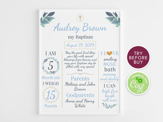 Baptism Milestone Sign, Blue Greenery Baptism Chalkboard Sign, Gold Baptism Decorations, Baptism Poster Boy Baptism Board Printable Editable