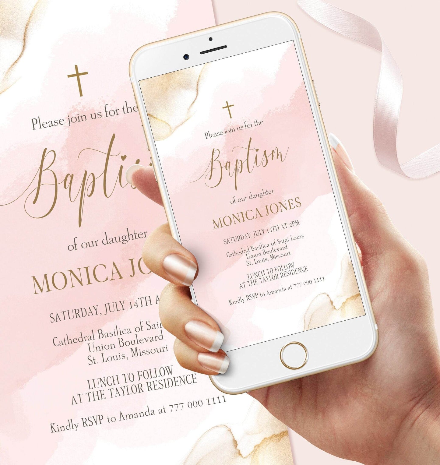 Electronic Baptism Invitation Template – Digital Girl Christening Evite | Pink Watercolor Text Message Invite | Editable Instant Download